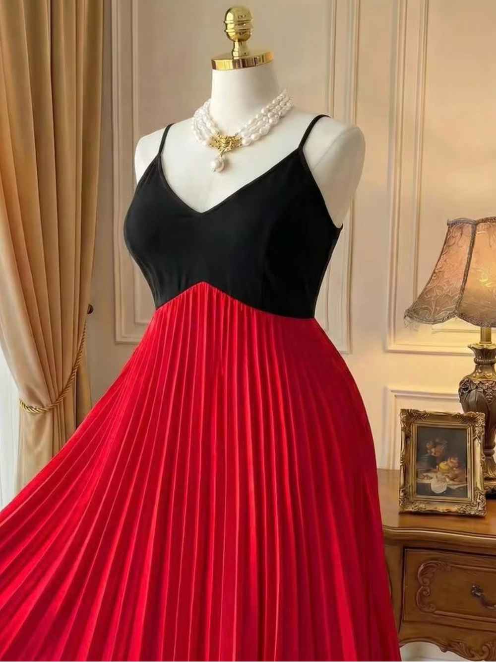 Rometta Plus Size Exquisite Pleated Cami Dress – Elegant Red Party Dress